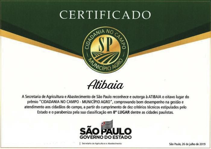 ATIBAIA ENTRE OS 10 MUNICÍPIOS PAULISTAS MAIS BEM AVALIADOS EM DESENVOLVIMENTO RURAL SUSTENTÁVEL